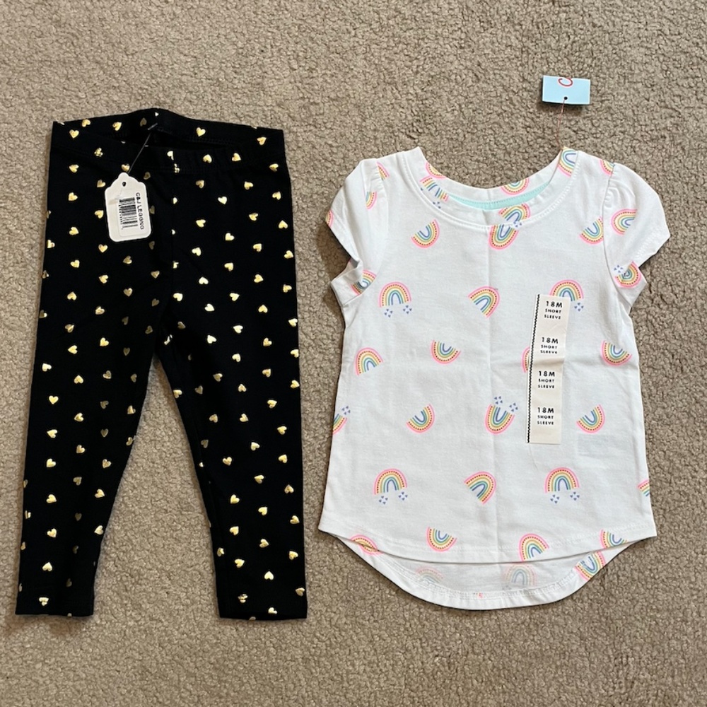 NEW 18mo Target Cat & Jack black heart leggings & white short sleeve rainbow tee